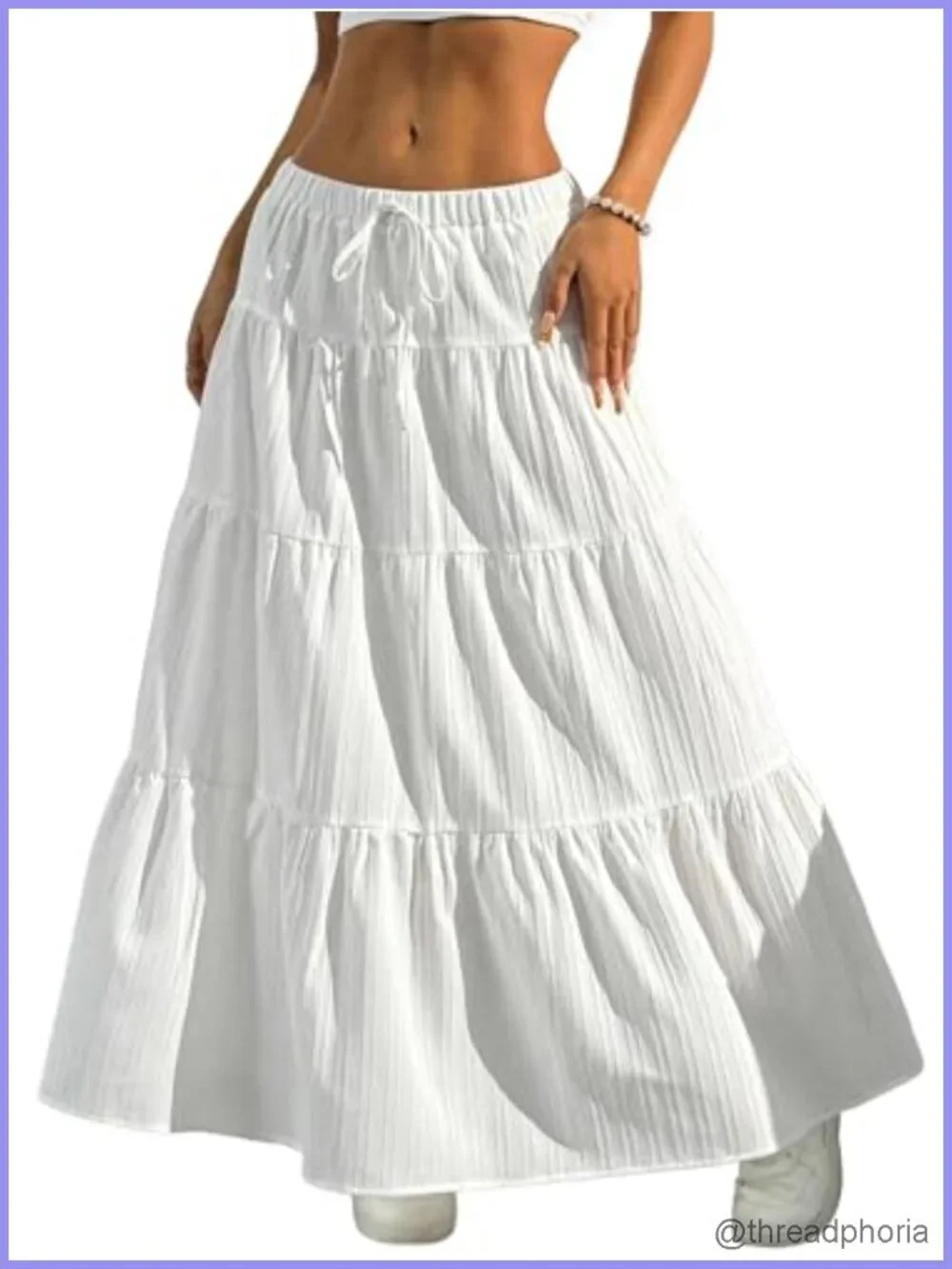 Boho Flowy White Maxi Skirt Flared Ruffle Elastic Waist Summer A Line Long Skirt